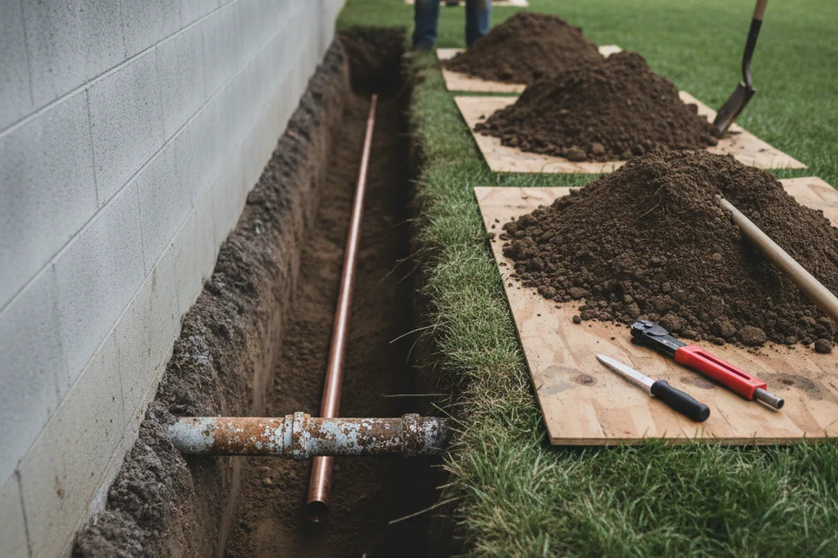 Excavated water line trench during Water Softener Installation in Carpinteria